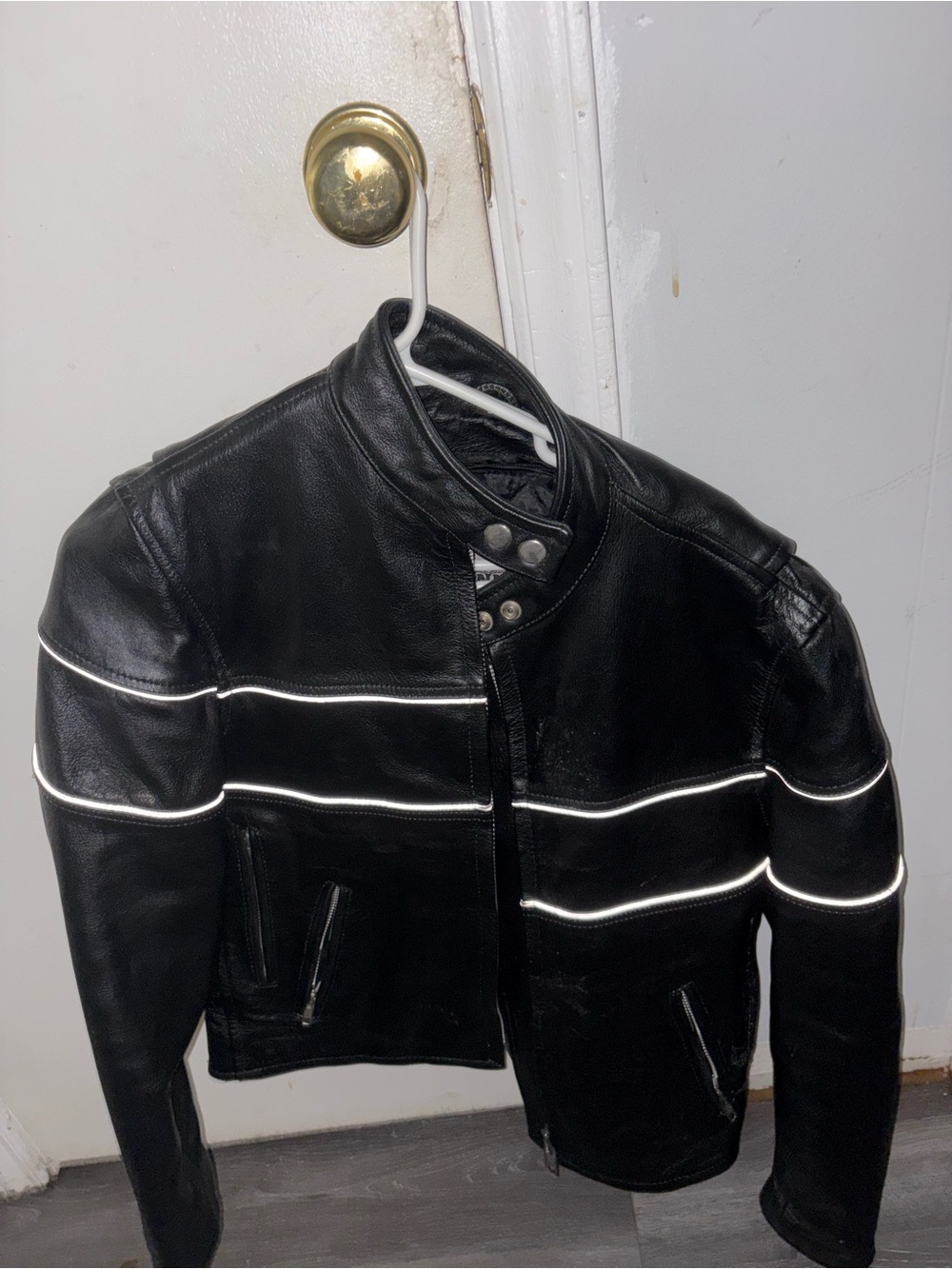 Unik Black Leather Jacket with Reflective Stripes